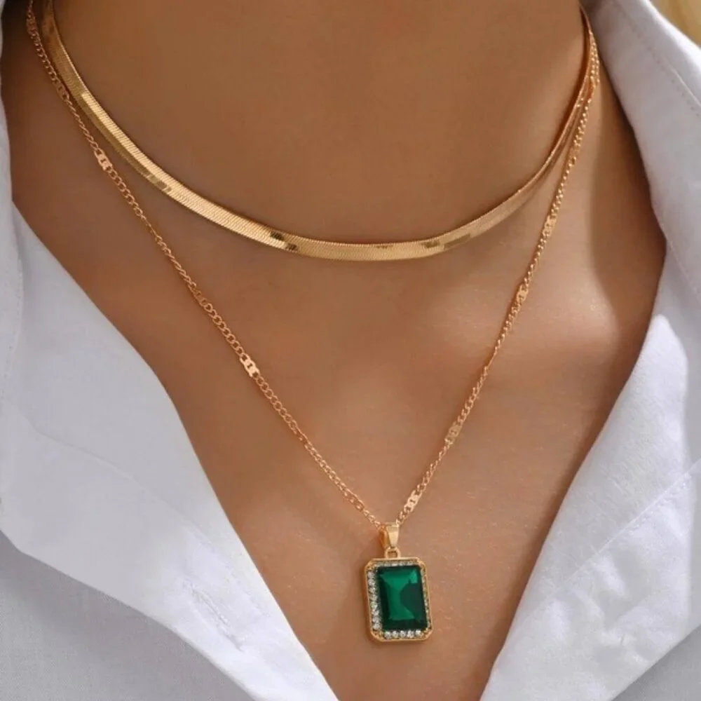 Gold Emerald-Cut Green Pendant & Herringbone Choker Necklace Set 18K Gold Filled